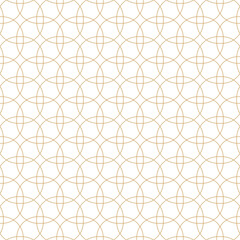 Interlocking gold circles create a delicate, geometric pattern on a white background. Seamless and versatile, offering a sophisticated, minimalist aesthetic.