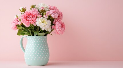 Naklejka premium Delicate spring flowers arranged in a pastel polka dot pitcher against a soft pink background