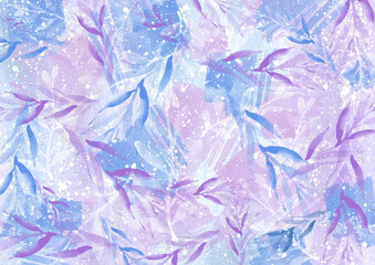 Watercolor spring delicate background, blue-purple gradient. Elegant botanical background, texture with leaves