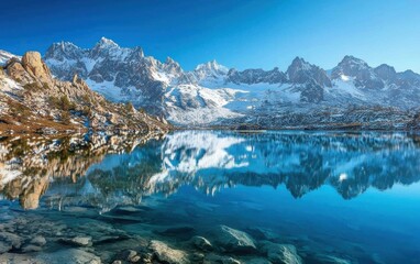Serene lake reflecting snow-capped peaks under a clear blue sky