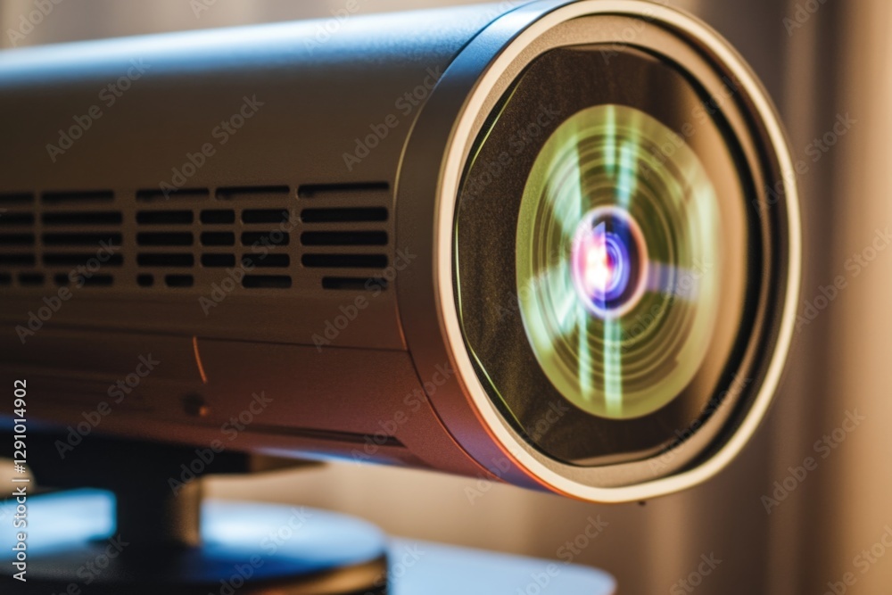 Poster A projector sitting next to a window on a table, ready for use