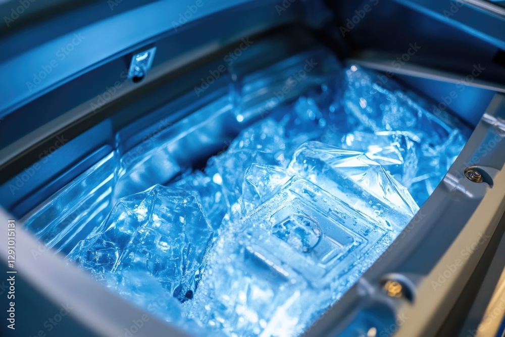 Poster A close-up view of a freezer filled with ice, perfect for use in scenes where cold storage or frozen food is relevant