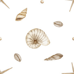 Watercolor pattern beige seashells. Seamless sea pastel print. Hand drawn ocean illustrations, starfish vintage style on white background for textile design, fabric, packaging, clothes wallpaper decor