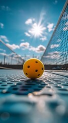 Yellow ball on court, sunny day, net background