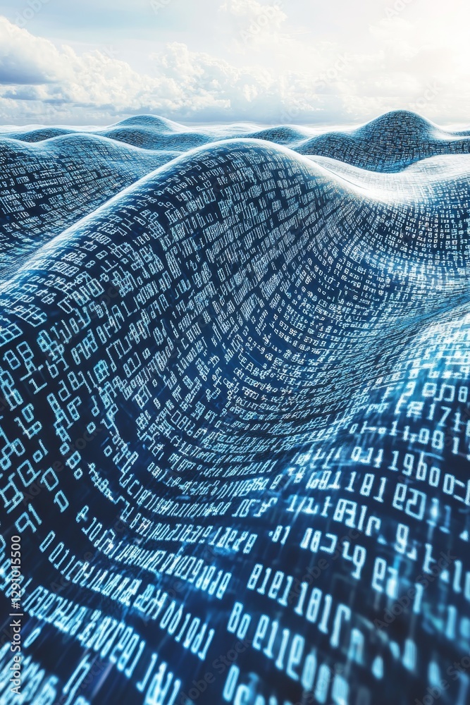 Poster digital data stream abstract landscape of binary code flowing like waves, blues, and whites