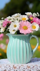 Fototapeta premium Colorful pastel pitcher filled with fresh flowers captures the essence of a sunny outdoor gathering in spring