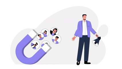 Flat-style scene animation focusing on a startup environment, showing the various stages of building a business, from securing investment to launching products and growing a customer base.