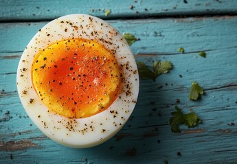 Delicious Soft Boiled Egg with Seasoning on Rustic Wooden Surface Ideal for Culinary Presentation and Food Photography