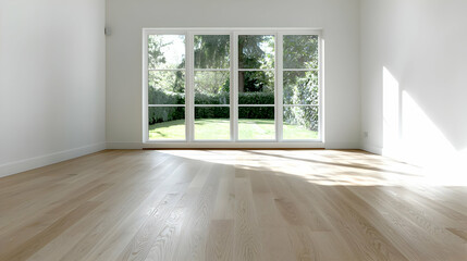 Obraz premium Sunny room, hardwood floor, garden view, real estate