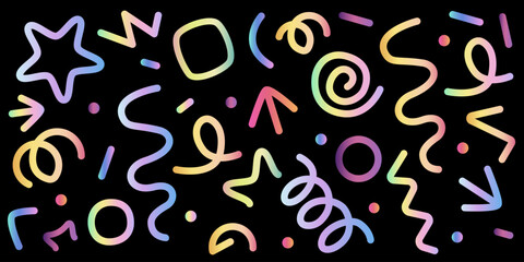 Different textures and shapes in gradient. Color isolated illustration. Different colorful line flat icons.