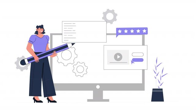 Flat character scene animation depicting content creators working at different stages of content creation, including research, writing, recording, and editing for blogs, podcasts, or videos.