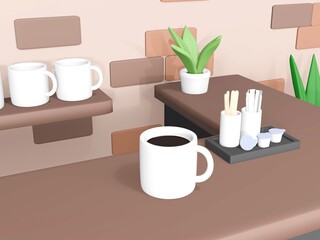 3Dレンダリングのマグカップとおしゃれなカフェの店内