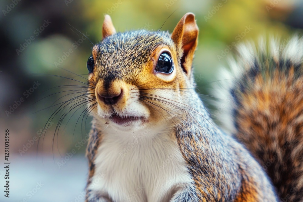 Poster a close-up shot of a squirrel's face with a blurred background