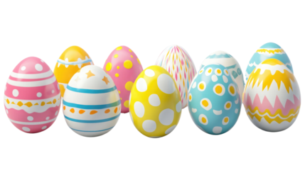 Colorful decorated eggs in various patterns and shades arranged on a white background, cut out