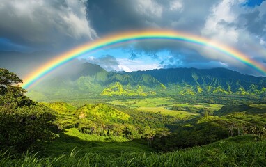 Naklejka premium Vibrant rainbow stretching across a lush green valley
