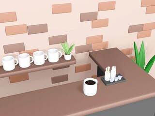 3Dレンダリングのマグカップとおしゃれなカフェの店内