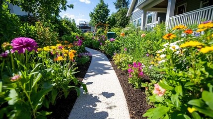 Beautiful peaceful garden featuring a vibrant array of plants and flowers alongside a charming pathway on a sunny day