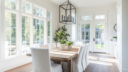 Bright Dining Room With Wooden Table And White Chairs
