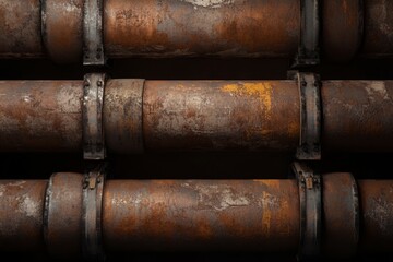 Fototapeta premium Close-up of aged metal pipes arranged horizontally, revealing intricate rust patterns and signs of wear in a dimly lit environment. Generative AI