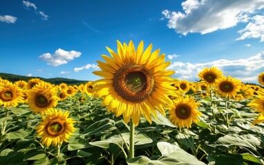 Vibrant sunflower fields under a deep blue sky
