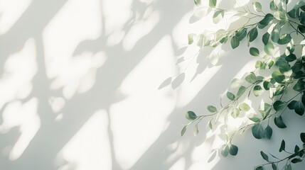 A serene composition of shadows and green leaves against a light background.