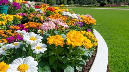 Vibrant flowers bloom in a tranquil garden surrounded by lush green grass and colorful plants