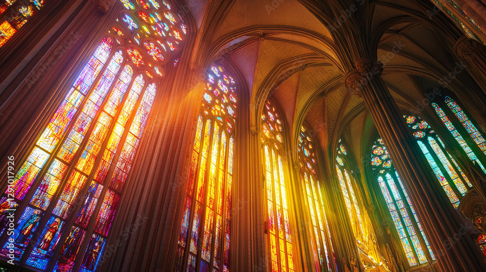 Poster a cathedral with stunning stained-glass patterns reflecting light.