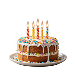 Festive two-tier cake with sprinkles, dripping icing, and five striped candles on a plate, transparent background