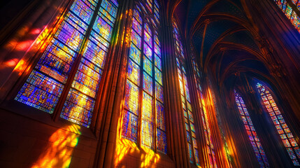 A cathedral with stunning stained-glass patterns reflecting light.