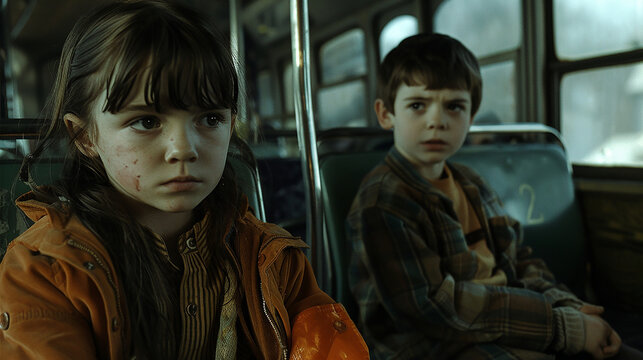 Curious children on a bus ride with thoughtful expressions