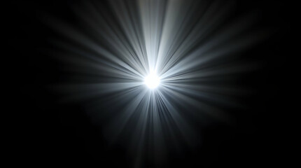 A bright, white light bursts forth in a starburst pattern against a stark black background, radiating outwards with luminous rays.