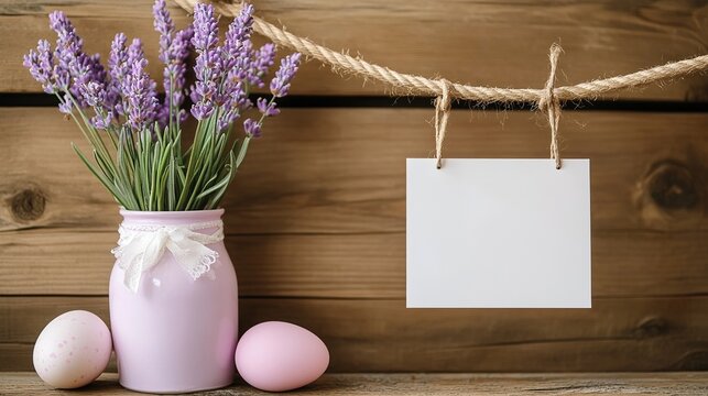 The jar features lavender, pink Easter eggs, and a blank card hanging on a rope as the Easter background, placed in front of a wooden background, suitable for holiday decoration.