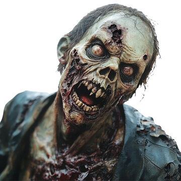 A terrifying zombie with decaying features and a haunting expression against a plain transparent background, Scary Zombie Horror Concept on transparent background