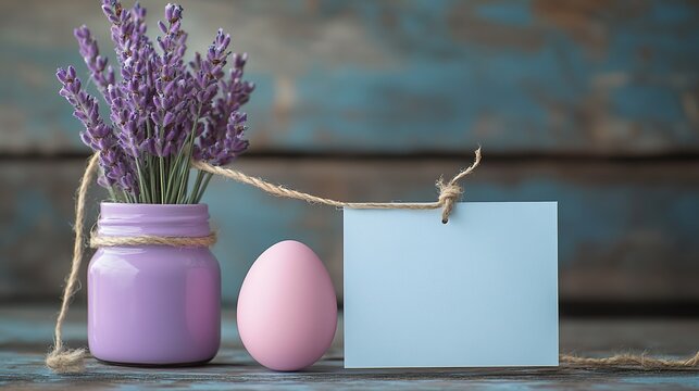 The jar features lavender, pink Easter eggs, and a blank card hanging on a rope as the Easter background, placed in front of a wooden background, suitable for holiday decoration.