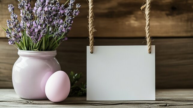 The jar features lavender, pink Easter eggs, and a blank card hanging on a rope as the Easter background, placed in front of a wooden background, suitable for holiday decoration.