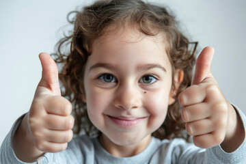 Smiling child showing thumbs up gesture with joyful expression on white background

