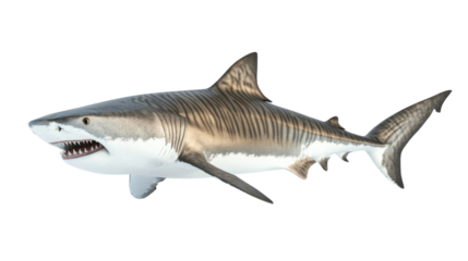 Life-like depiction of a tiger shark swimming in clear waters showcasing its sharp teeth and distinctive stripes