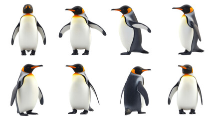 Obraz premium Penguins in various poses showcasing their unique features and playful nature in a natural setting during daylight hours, cut out