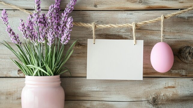 The jar features lavender, pink Easter eggs, and a blank card hanging on a rope as the Easter background, placed in front of a wooden background, suitable for holiday decoration.