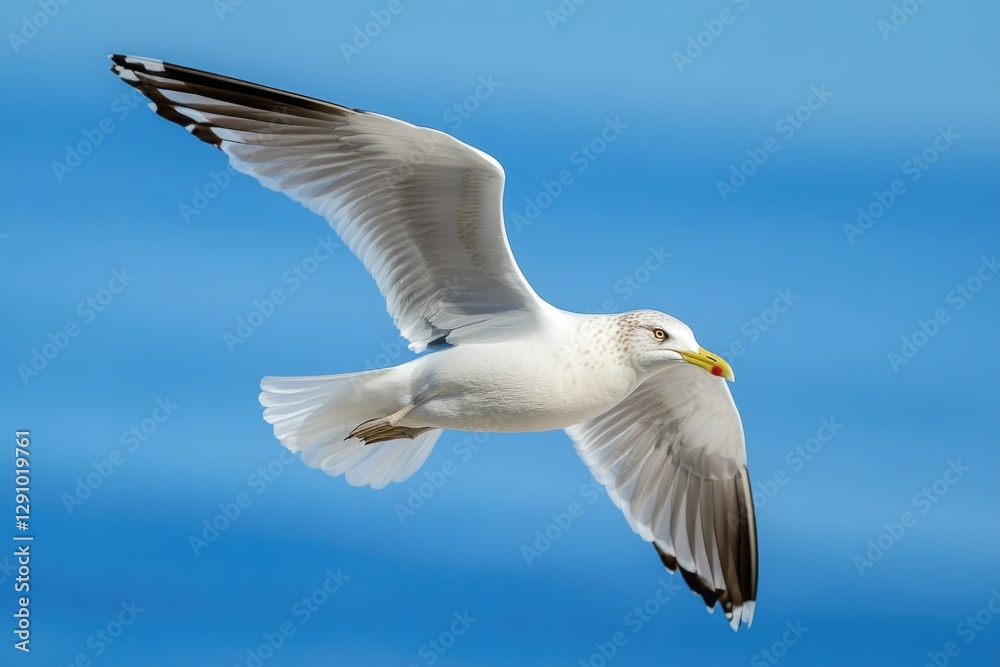 Poster a single seagull flying high up in a clear blue sky, ideal for use in travel or wildlife related pro