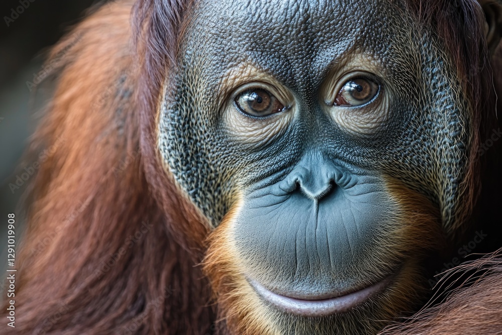Poster close-up shot of an orangutan looking directly at the camera