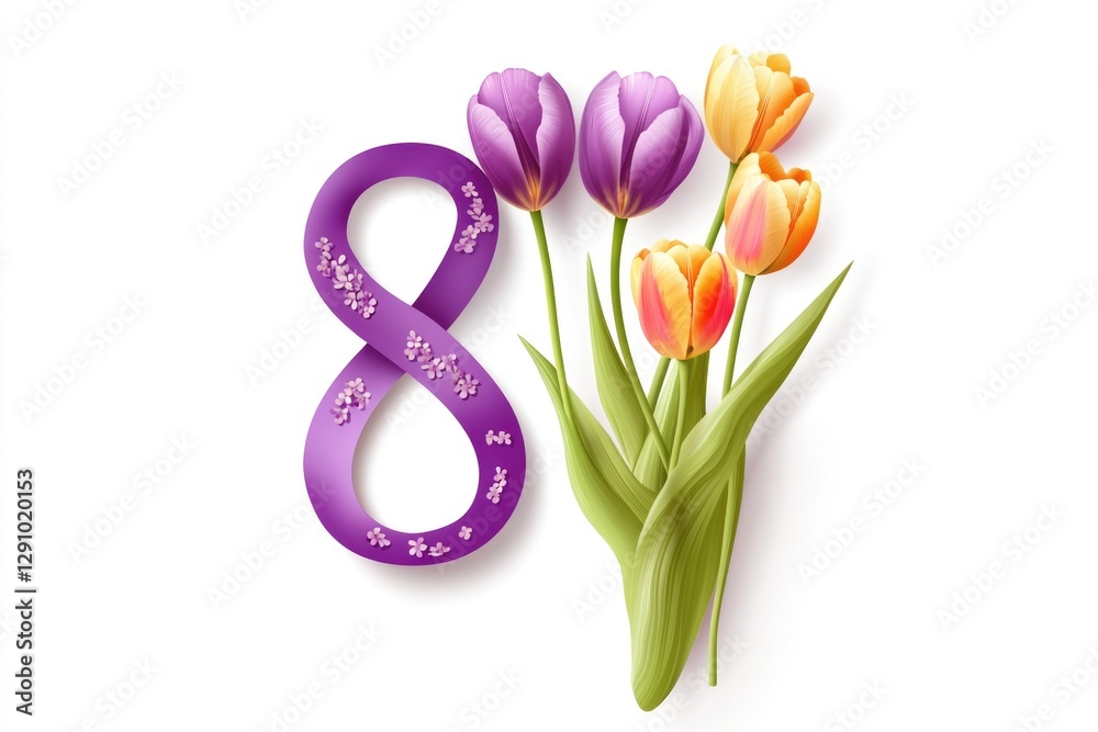 Poster a simple illustration of the numeral 8 surrounded by tulips on a clean white background, great for u