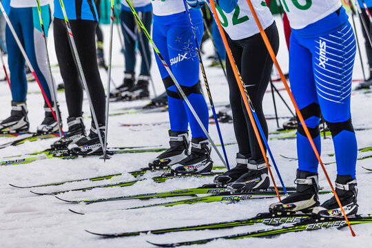 Kyshtym, Russia - March 26, 2016: group skiers line up at starting point of cross-country skiing race