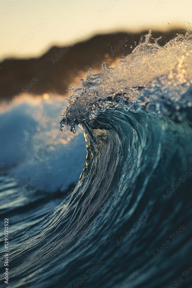Poster close-up view of a wave crashing into the ocean with foamy water and sunlight reflecting off the sur
