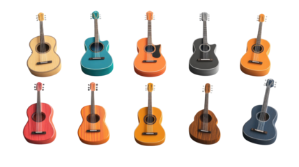Colorful collection of acoustic guitars displayed in an artistic arrangement on a white background during the afternoon,, cut out