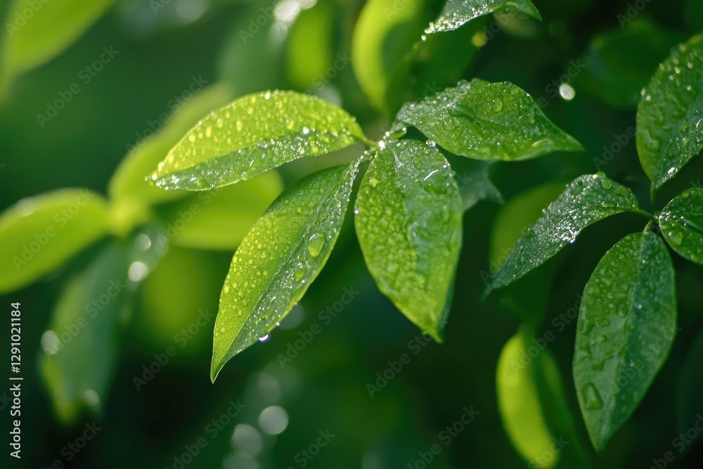 Poster a detailed view of a leaf with water droplets glistening on its surface, great for use in nature-ins