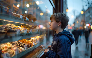 Curious boy admiring colorful sweets through a festive shop window at night