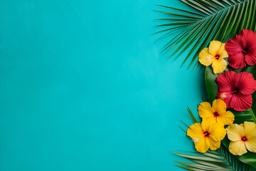 Minimalist composition of tropical hibiscus flowers on a bold turquoise background. The vibrant colors radiate a fresh and summery feel.
