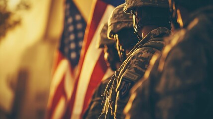 A soldier stands proudly in front of the American flag, ready to represent their country