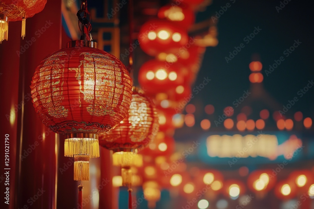 Poster row of red lanterns hanging from the side of a building, ideal for decoration or architecture scenes